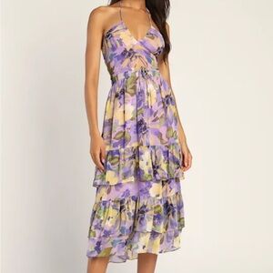 Purple Floral Tiered Cutout Halter Midi Dress